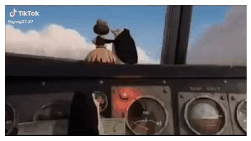 Animated-film characters in an aircraft cockpit noticing a warning light